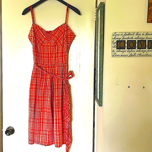 NWOT.  Ann Taylor Loft plaid short summer dress in a shade of peachy orange. - Picture 2 of 12